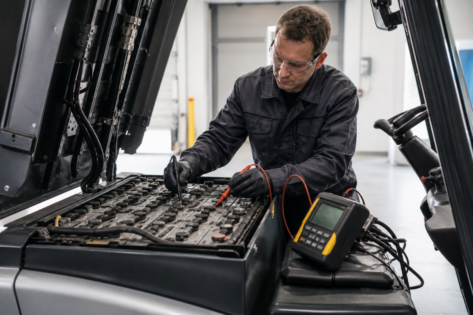 Technician performing diagnostic testing on a forklift motive-power battery