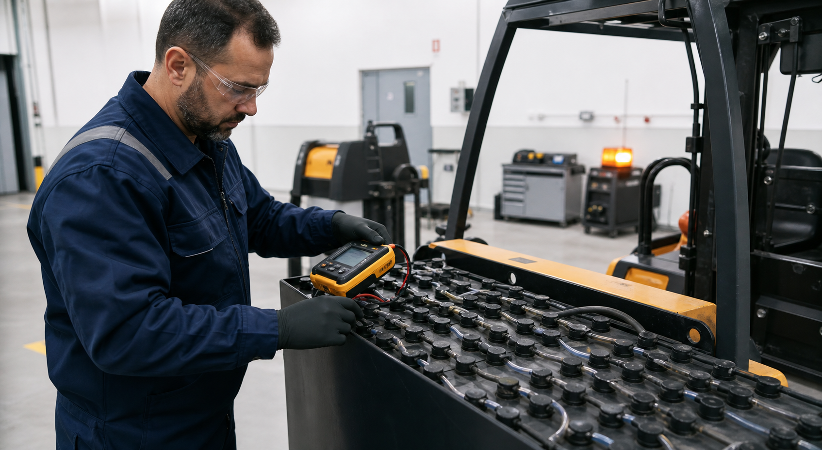 Technician testing a forklift battery