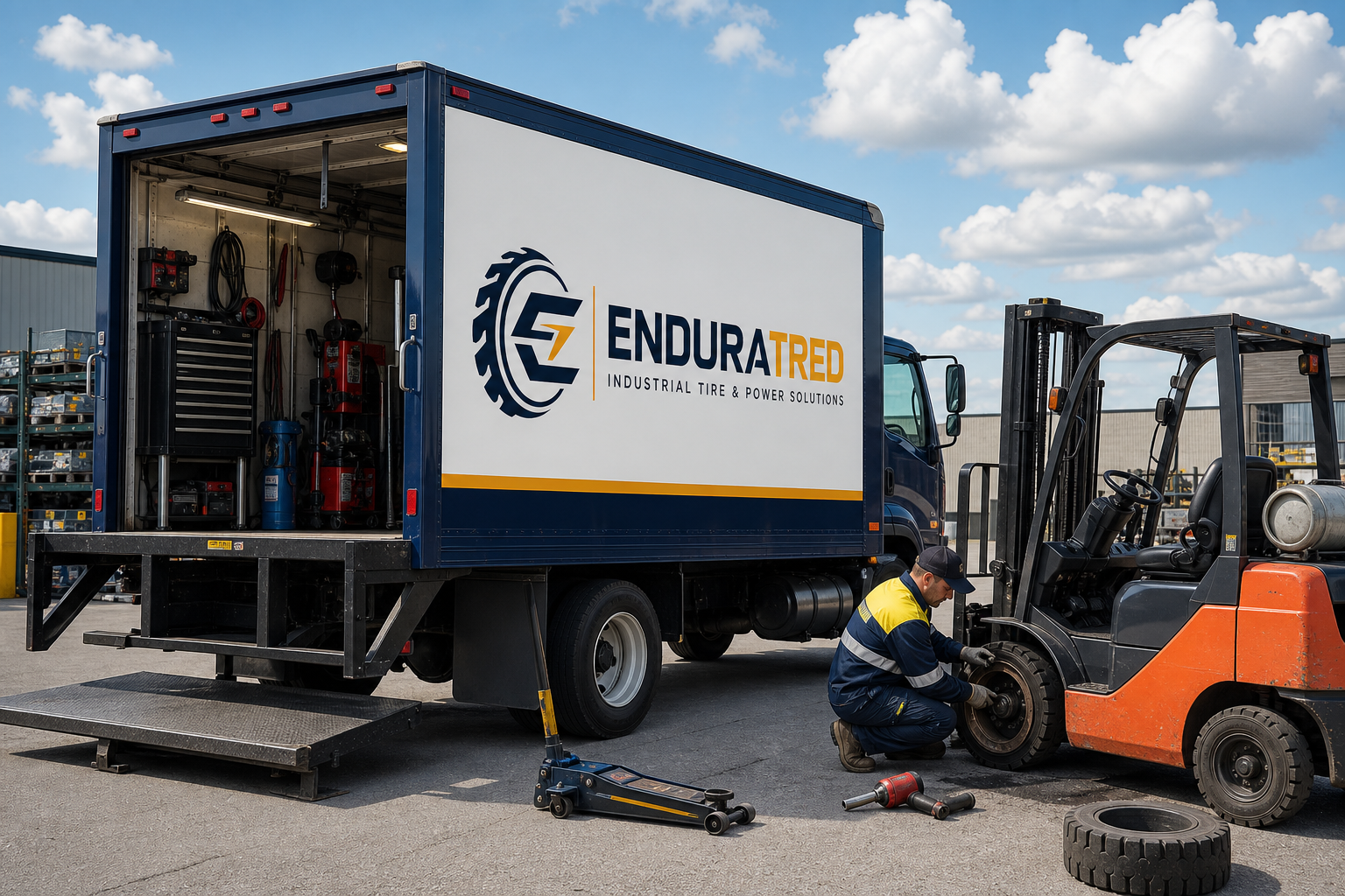 EnduraTred mobile industrial tire service truck working beside a forklift