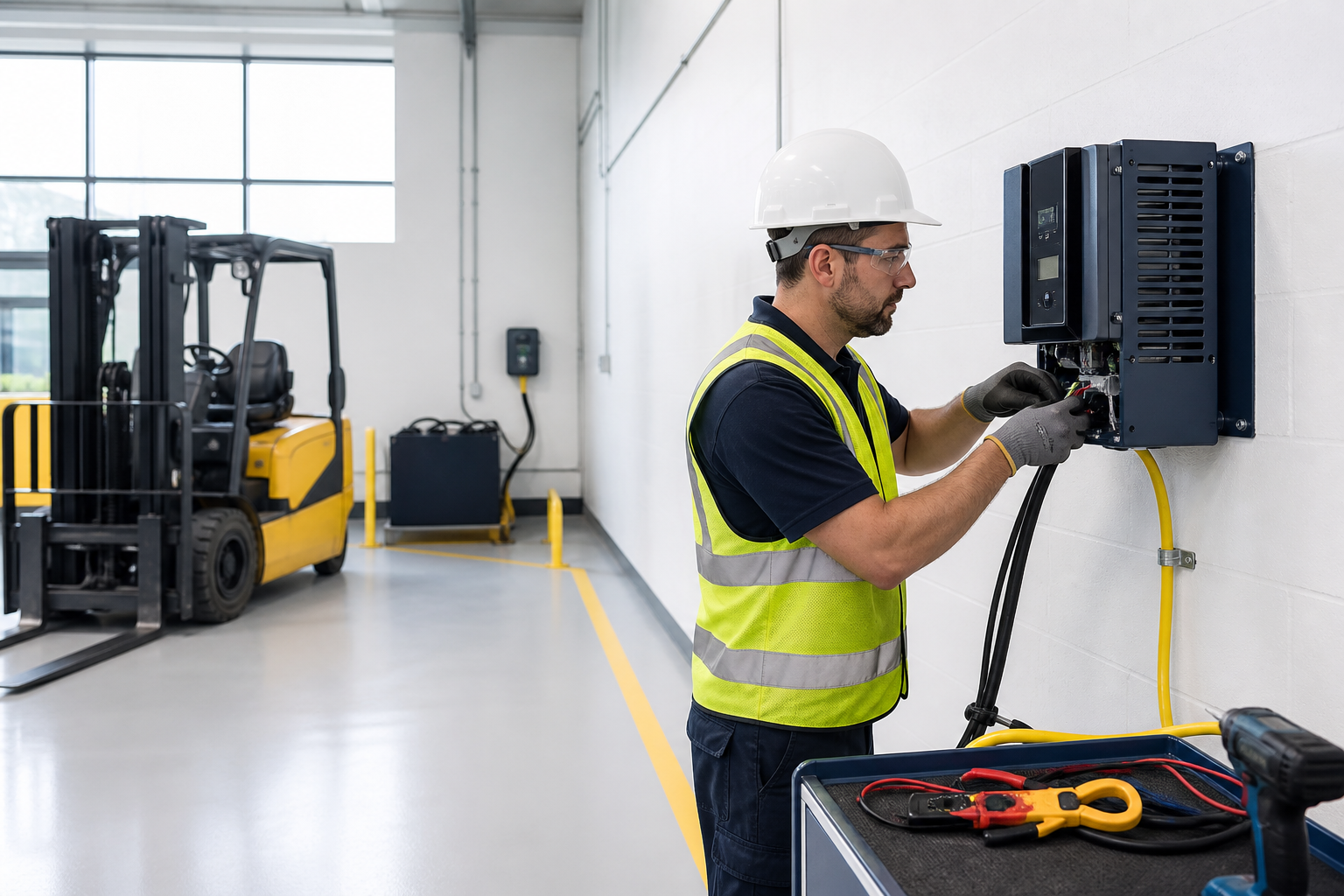 Professionally installed forklift motive-power charging system