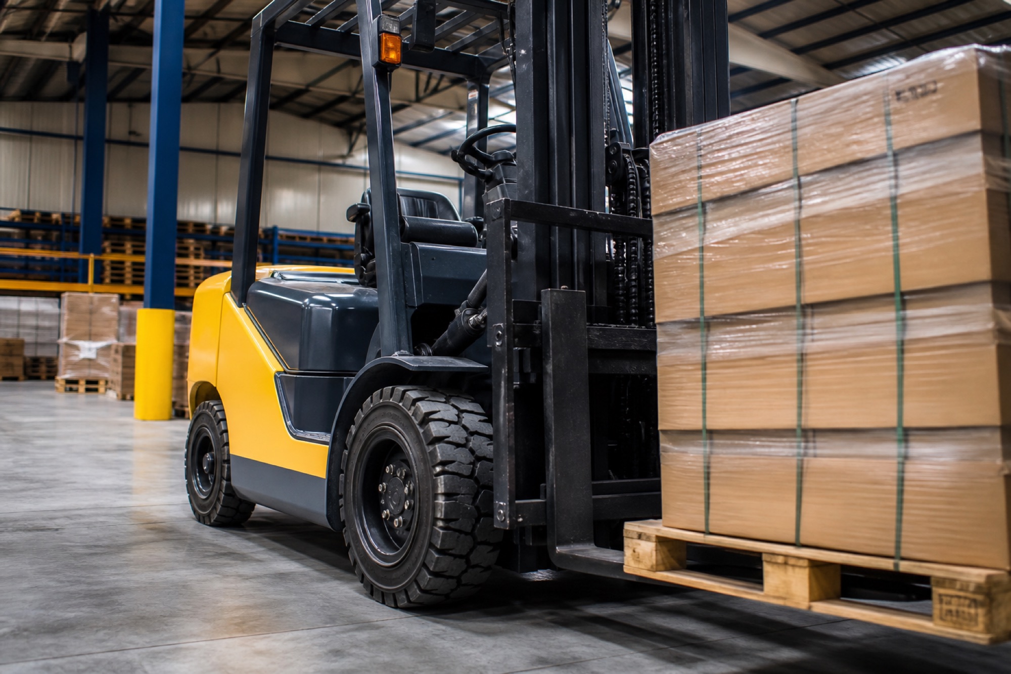 Working forklift fitted with mounted resilient solid industrial tires