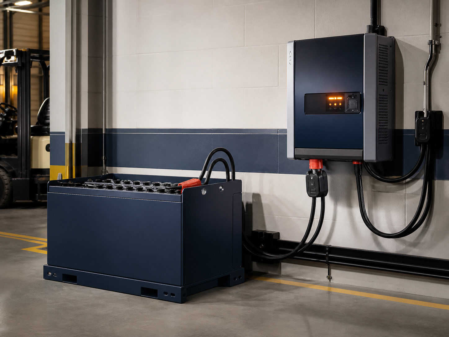 Industrial forklift battery connected to a charger