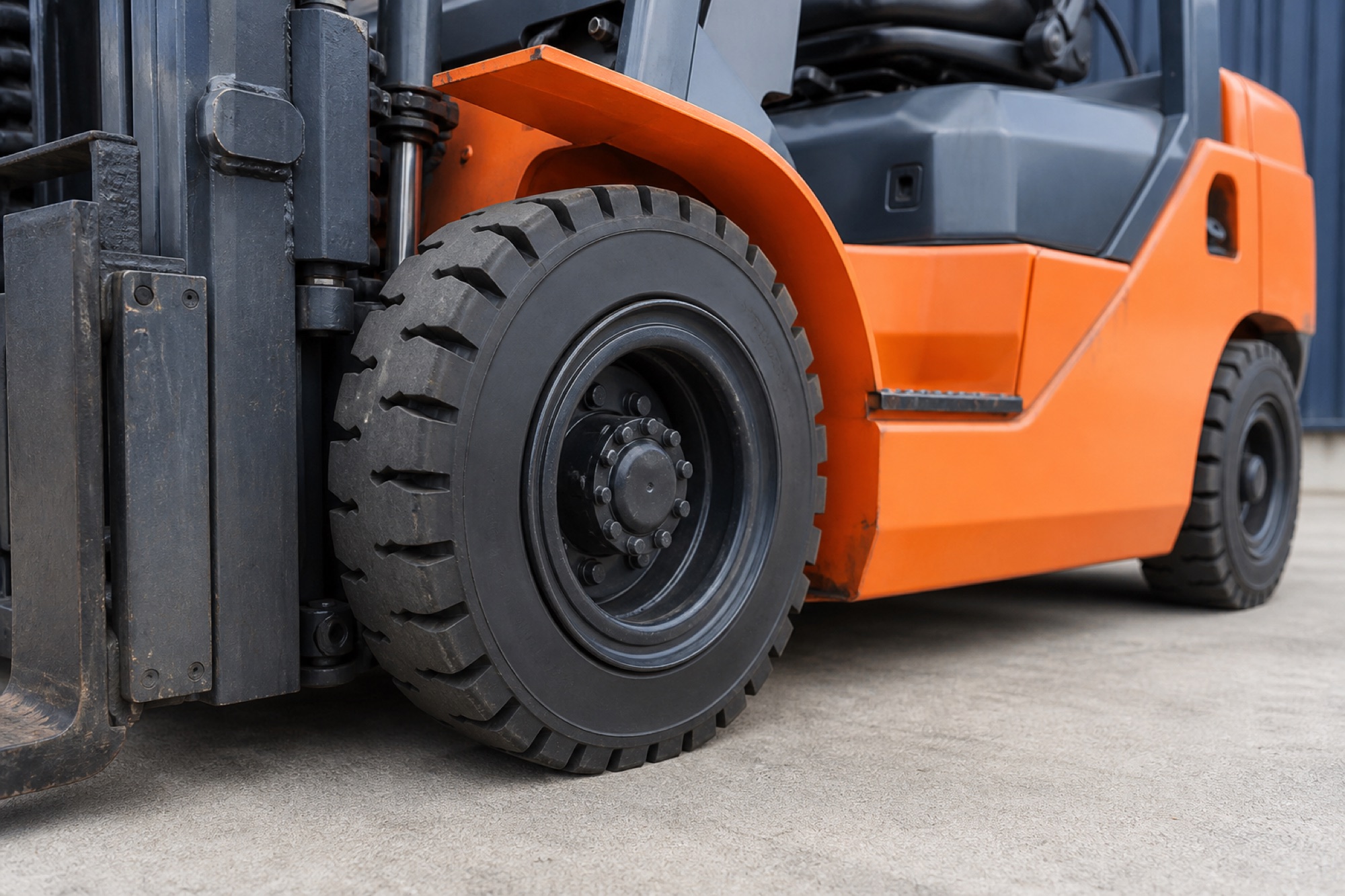 Mounted resilient solid tire on an industrial forklift